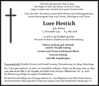 Anzeige von Lore Hettich von Westfälische Nachrichten
