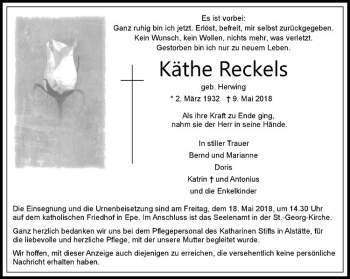 Anzeige von Käthe Reckels von Westfälische Nachrichten