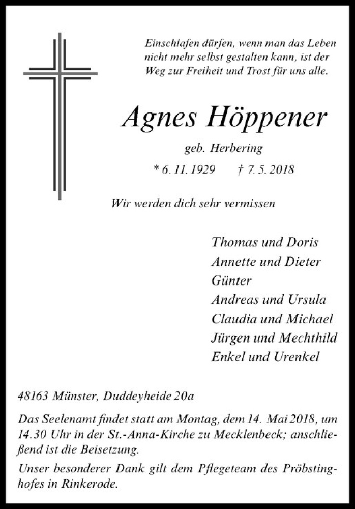  Traueranzeige für Agnes Höppener vom 12.05.2018 aus Westfälische Nachrichten