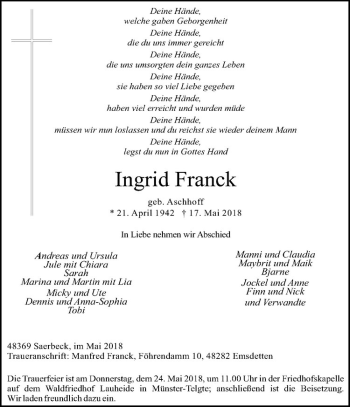 Anzeige von Ingrid Franck von Westfälische Nachrichten