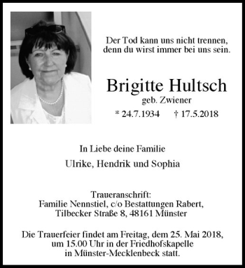 Anzeige von Brigitte Hultsch von Westfälische Nachrichten
