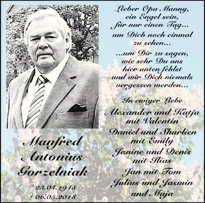  Traueranzeige für Manfred Antonius Gorzelniak vom 19.05.2018 aus Westfälische Nachrichten