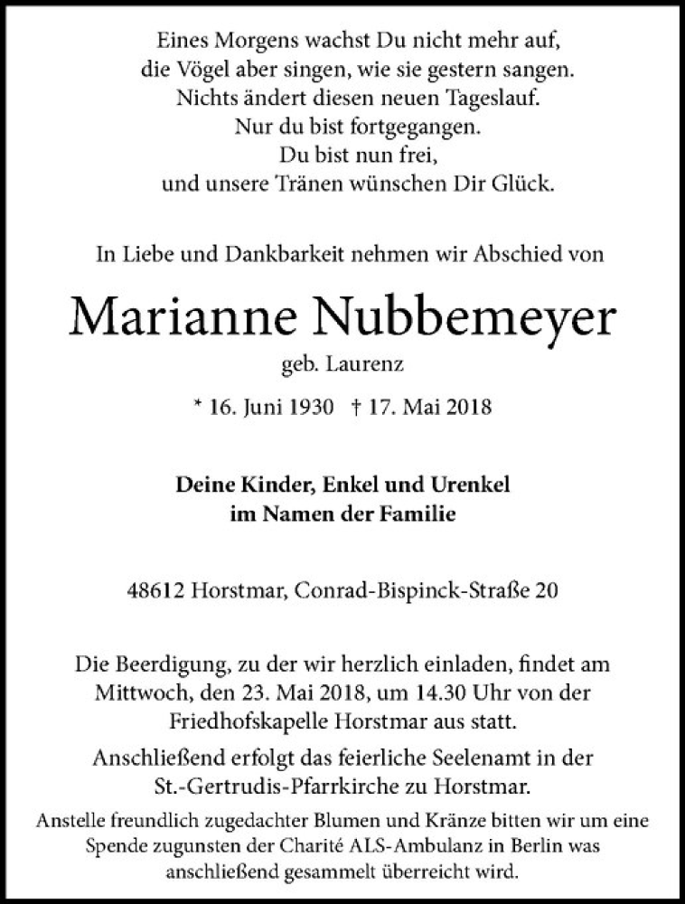  Traueranzeige für Marianne Nubbemeyer vom 19.05.2018 aus Westfälische Nachrichten