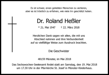 Anzeige von Roland Heßler von Westfälische Nachrichten