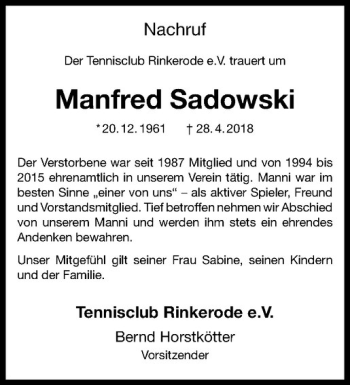 Anzeige von Manfred Sadowski von Westfälische Nachrichten
