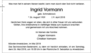Anzeige von Ingrid Vormann von Westfälische Nachrichten
