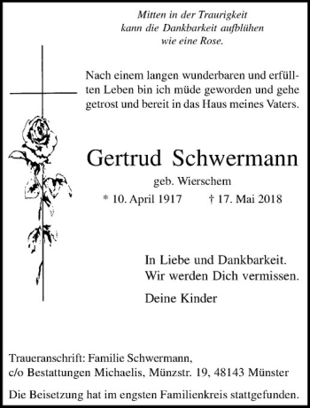 Anzeige von Gertrud Schwermann von Westfälische Nachrichten