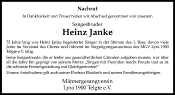 Anzeige von Heinz Janke von Westfälische Nachrichten
