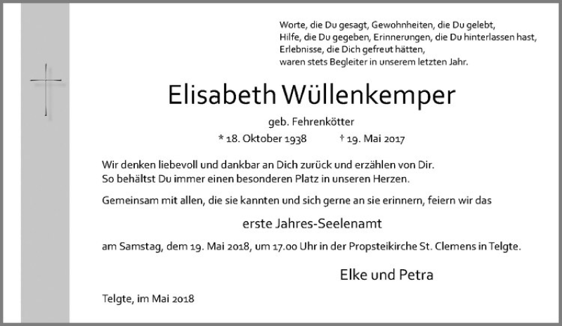  Traueranzeige für Elisabeth Wüllenkemper vom 12.05.2018 aus Westfälische Nachrichten
