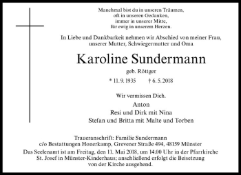 Anzeige von Karoline Sundermann von Westfälische Nachrichten