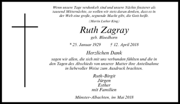 Anzeige von Ruth Zagray von Westfälische Nachrichten
