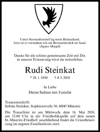 Anzeige von Rudi Steinkat von Westfälische Nachrichten