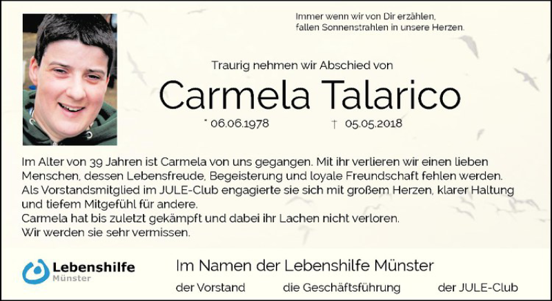  Traueranzeige für Carmela Talarico vom 09.05.2018 aus Westfälische Nachrichten