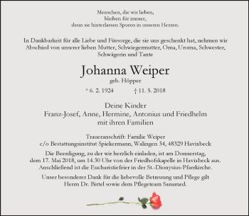 Anzeige von Johanna Weiper von Westfälische Nachrichten