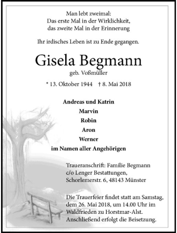 Anzeige von Gisela Begmann von Westfälische Nachrichten