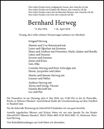 Anzeige von Bernhard Herweg von Westfälische Nachrichten