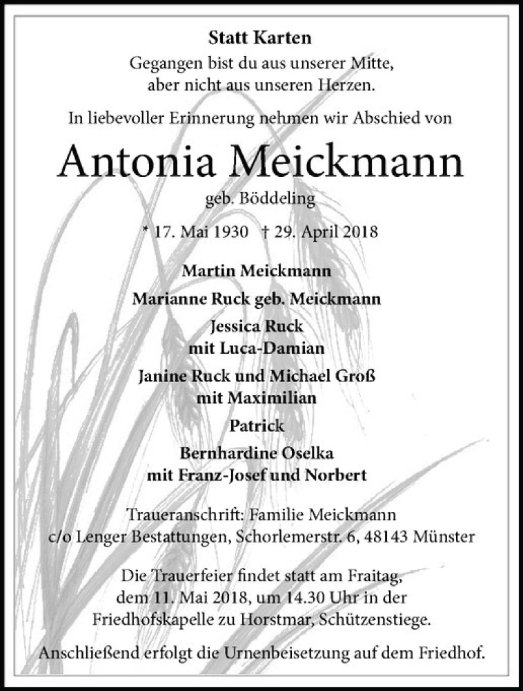  Traueranzeige für Antonia Meickmann vom 05.05.2018 aus Westfälische Nachrichten
