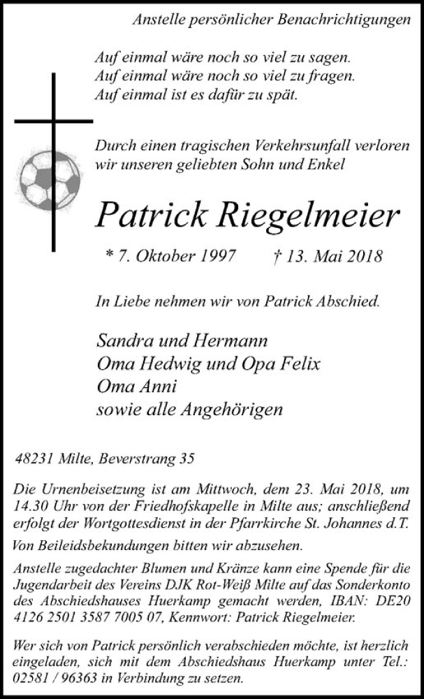  Traueranzeige für Patrick Riegelmeier vom 17.05.2018 aus Westfälische Nachrichten