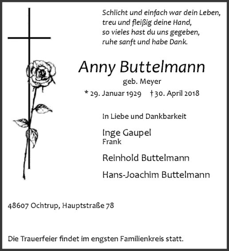  Traueranzeige für Anny Buttelmann vom 03.05.2018 aus Westfälische Nachrichten
