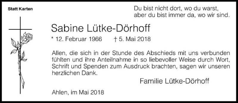  Traueranzeige für Sabine Lütke-Dörhoff vom 26.05.2018 aus Westfälische Nachrichten