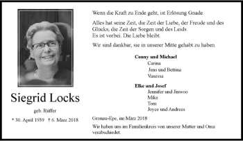 Anzeige von Siegrid Locks von Westfälische Nachrichten