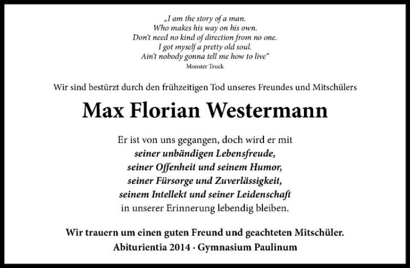  Traueranzeige für Max Florian Westermann vom 25.05.2018 aus Westfälische Nachrichten