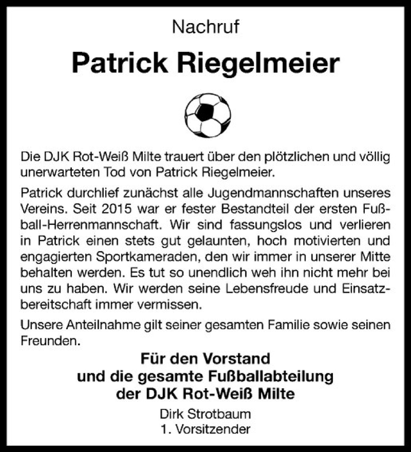  Traueranzeige für Patrick Riegelmeier vom 18.05.2018 aus Westfälische Nachrichten