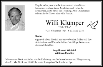 Anzeige von Willi Klümper von Westfälische Nachrichten