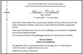 Anzeige von Maria Terlinde von Westfälische Nachrichten