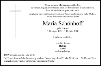 Anzeige von Maria Schönhoff von Westfälische Nachrichten