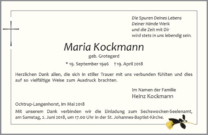  Traueranzeige für Maria Kockmann vom 30.05.2018 aus Westfälische Nachrichten