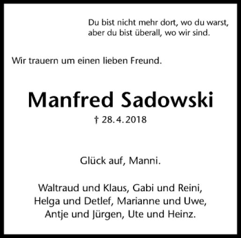 Anzeige von Manfred Sadowski von Westfälische Nachrichten