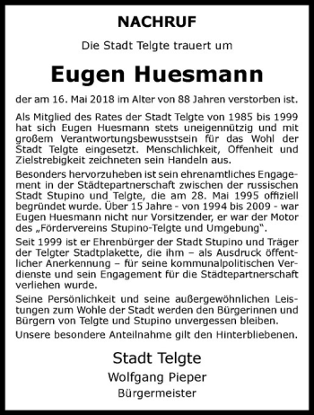 Anzeige von Eugen Huesmann von Westfälische Nachrichten