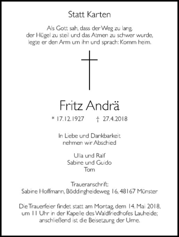 Anzeige von Fritz Andrä von Westfälische Nachrichten