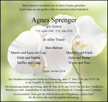 Anzeige von Agnes Sprenger von Westfälische Nachrichten
