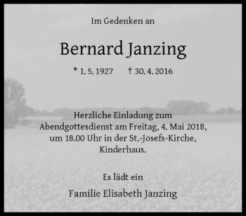 Anzeige von Bernard Janzing von Westfälische Nachrichten