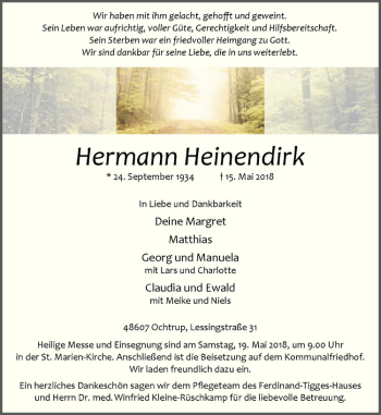 Anzeige von Hermann Heinendirk von Westfälische Nachrichten