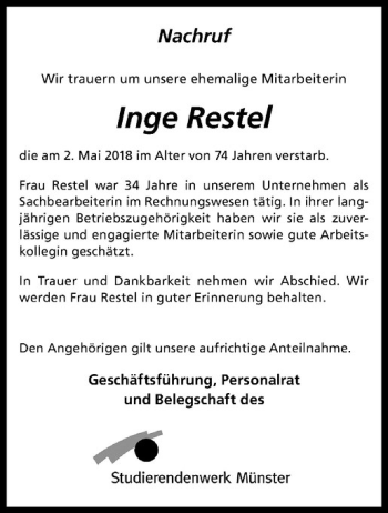 Anzeige von Inge Restel von Westfälische Nachrichten