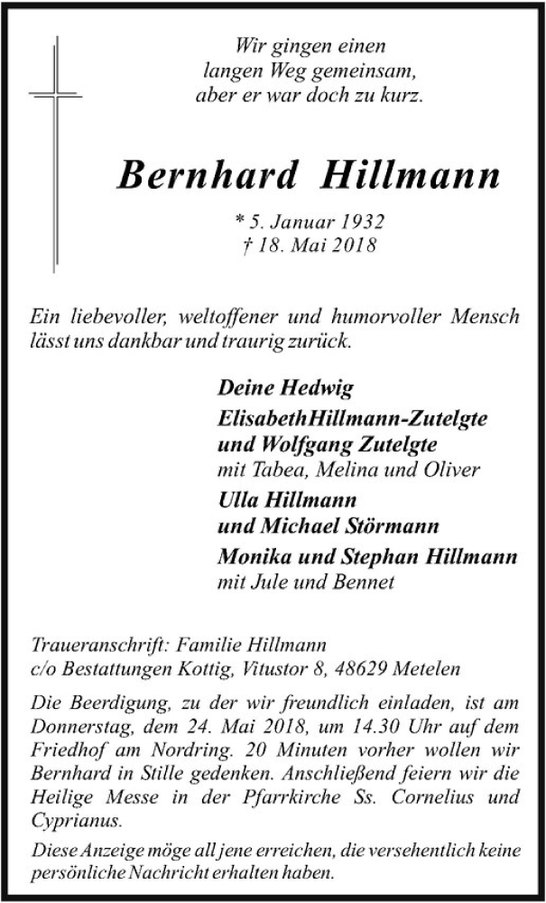  Traueranzeige für Bernhard Hillmann vom 22.05.2018 aus Westfälische Nachrichten