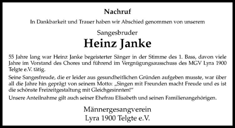  Traueranzeige für Heinz Janke vom 03.05.2018 aus Westfälische Nachrichten