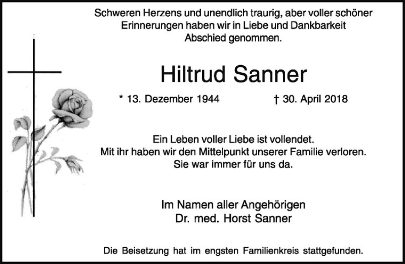  Traueranzeige für Hiltrud Sanner vom 12.05.2018 aus Westfälische Nachrichten