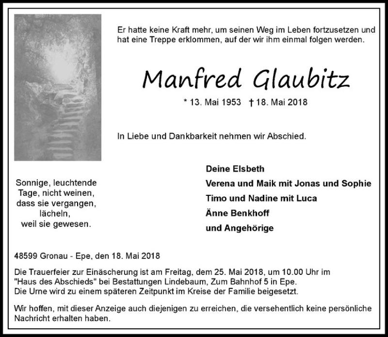  Traueranzeige für Manfred Glaubitz vom 22.05.2018 aus Westfälische Nachrichten
