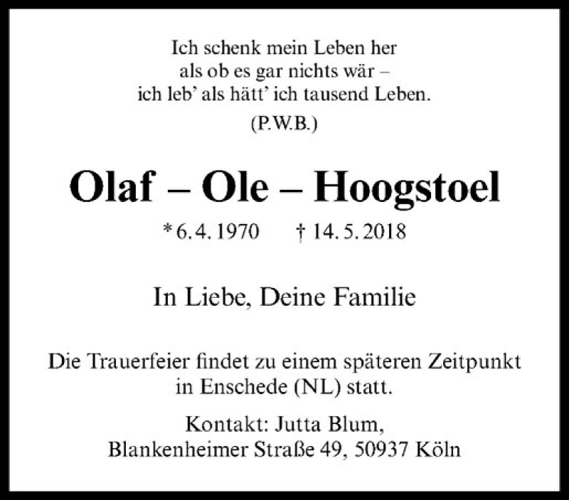  Traueranzeige für Olaf Hoogstoel vom 23.05.2018 aus Westfälische Nachrichten