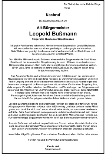 Anzeige von Leopold Bußmann von Westfälische Nachrichten