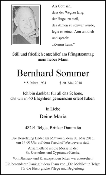 Anzeige von Bernhard Sommer von Westfälische Nachrichten