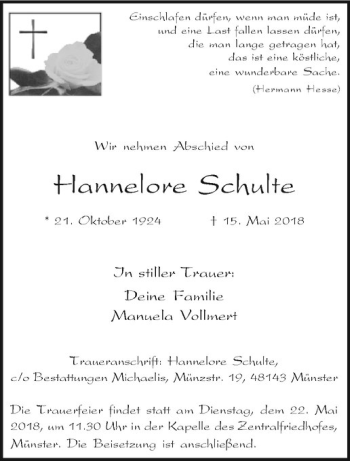 Anzeige von Hannelore Schulte von Westfälische Nachrichten