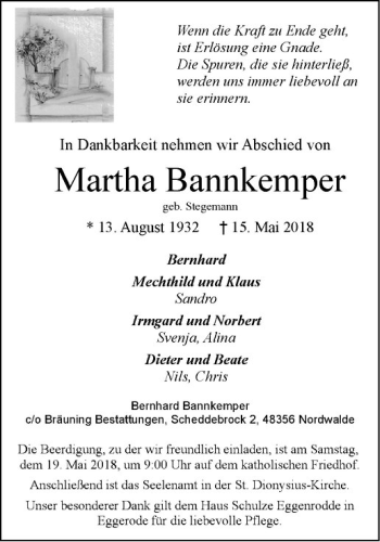 Anzeige von Martha Bannkemper von Westfälische Nachrichten