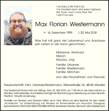 Anzeige von Max Florian Westermann von Westfälische Nachrichten