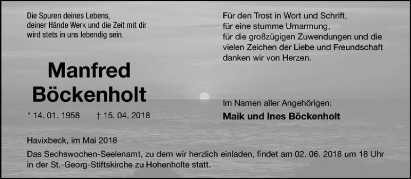  Traueranzeige für Manfred Böckenholt vom 16.05.2018 aus Westfälische Nachrichten