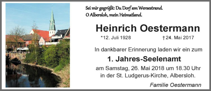  Traueranzeige für Heinrich Oestermann vom 19.05.2018 aus Westfälische Nachrichten